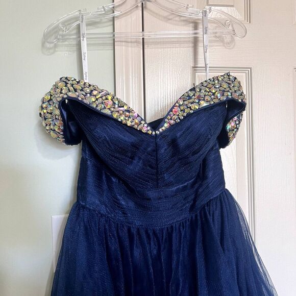 Tiffany Designs‎ Navy Prom Dress Off Shoulder Size 8 - Picture 7 of 7
